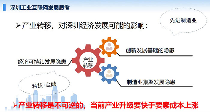 產業轉移，對深圳經濟發展可能的影響：創新發展基礎的隱患、經濟可持續發展隱患、制造業集聚發展隱患；產業轉移是不可逆的， 當前產業升級要快于要素成本上漲