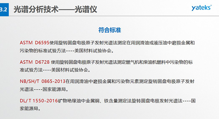 ASTM D6595使用旋轉圓盤電極原子發射光譜法測定在用潤滑油或液壓油中磨損金屬和污染物的標準試驗方法----美國材料試驗協會。 &nbsp; ASTM D6728 使用旋轉圓盤電極原子發射光譜法測定燃氣機和柴油機燃料中污染物的標準試驗方法----美國材料試驗協會。 &nbsp; NB/SH/T 0865-2013在用潤滑油中磨損金屬和污染物元素測定旋轉圓盤電極原子發射光譜法----國家能源局。 &nbsp; DL/ T 1550-2016礦物絕緣油中金屬銅、鐵含量測定法旋轉圓盤電極發射光譜法----國家能源局。
